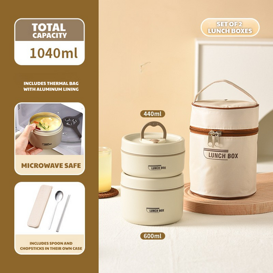 (50% OFF) Set of 2 Thermal Lunch Boxes Made of 304 Stainless Steel – Includes Thermal Bag and Cutlery Set